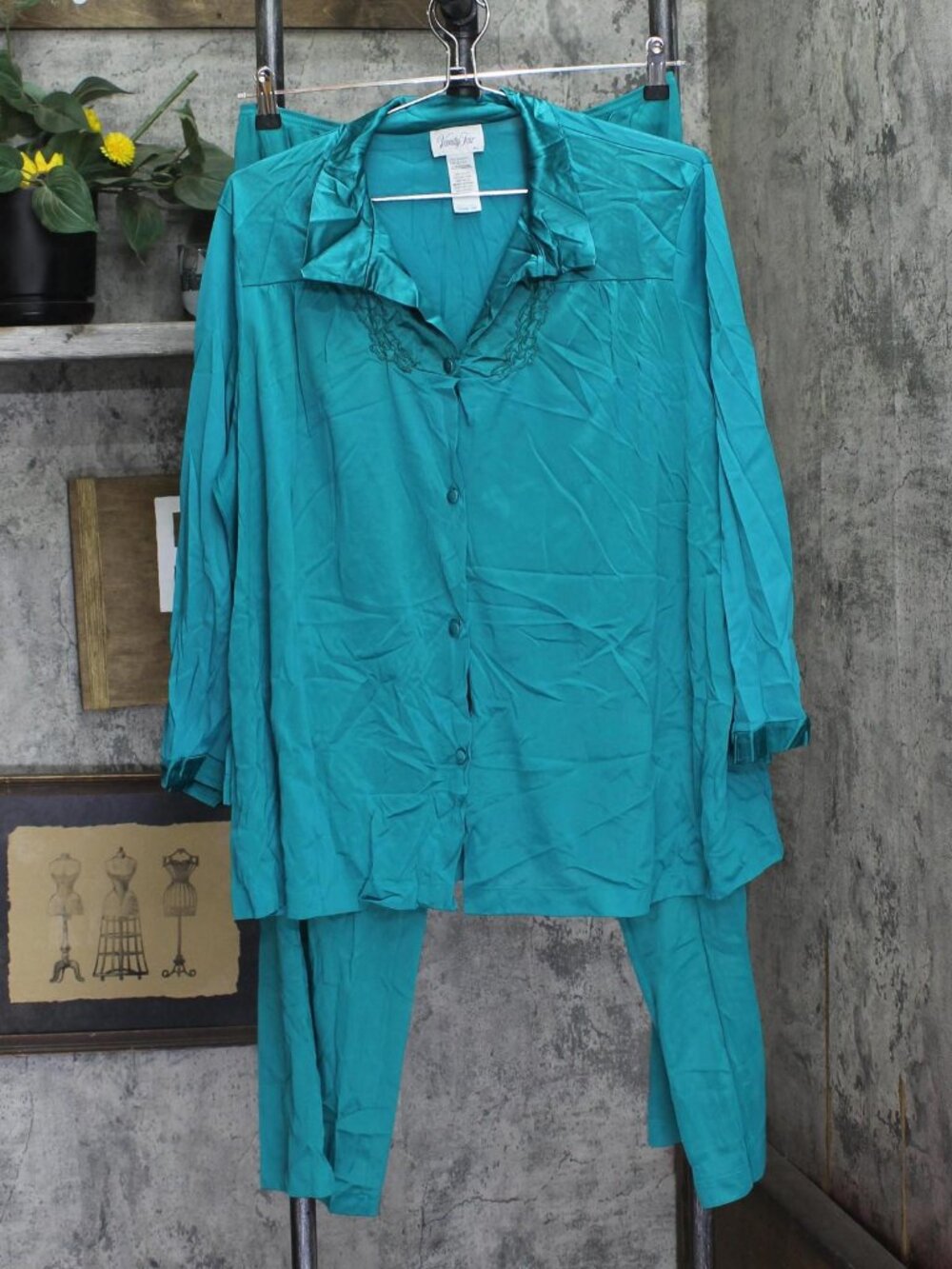 Vanity Fair Womens Vintage 2-Piece Knit Stretch Pajama Set Blue Green XL